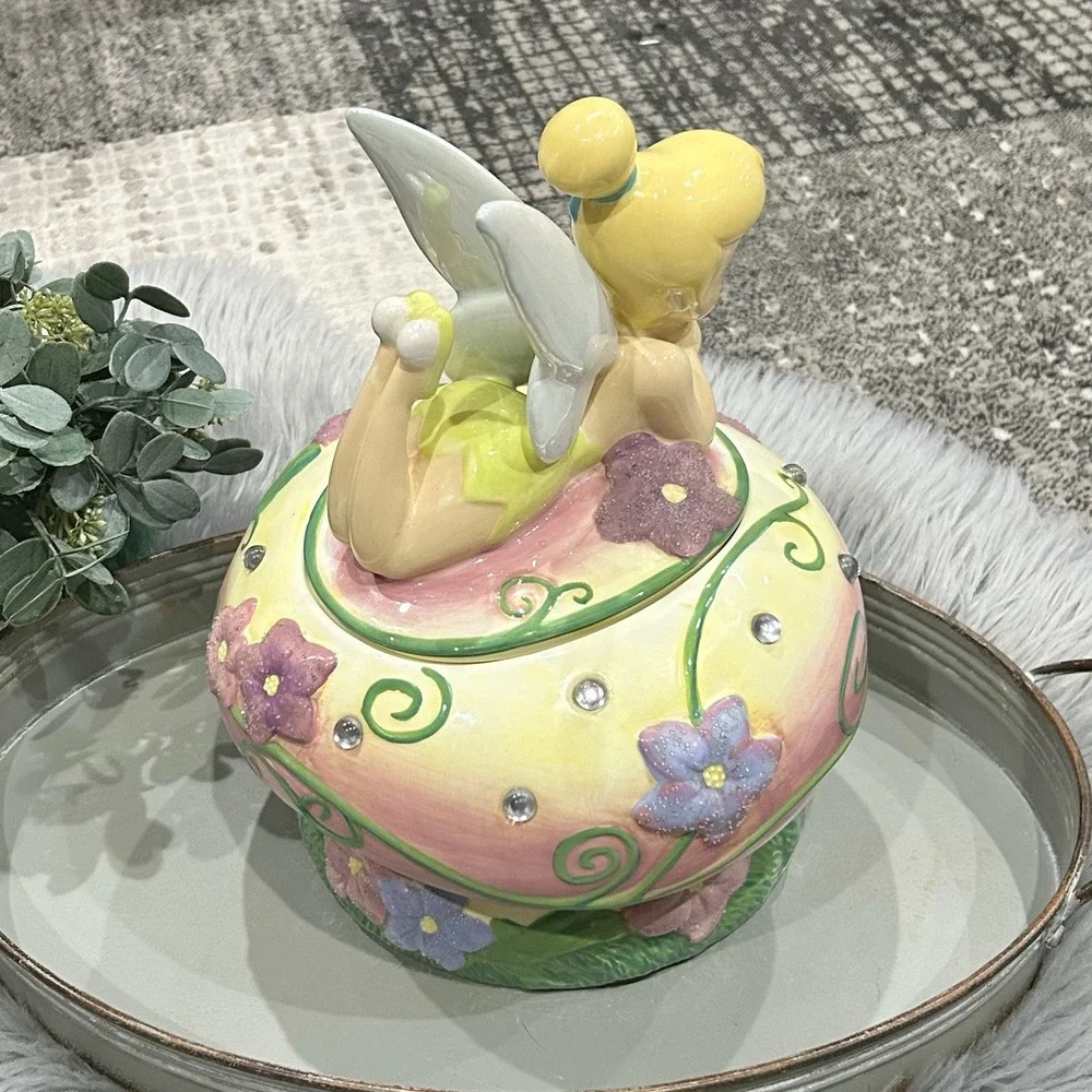 Disney Tinkerbell‎ Mushroom Cookie Jar With Jewels And Flowers Read***